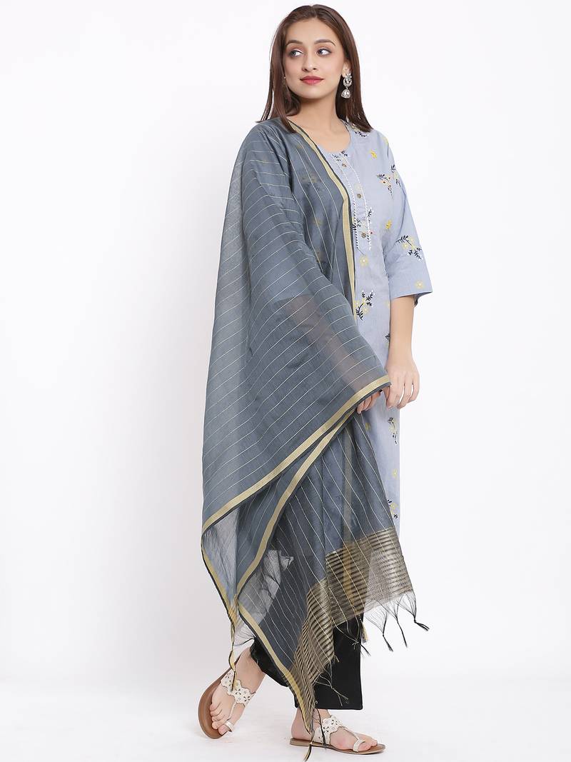 POSAKA Womens Cotton Printed Straight Kurta Palazzo Dupatta Set (Grey)