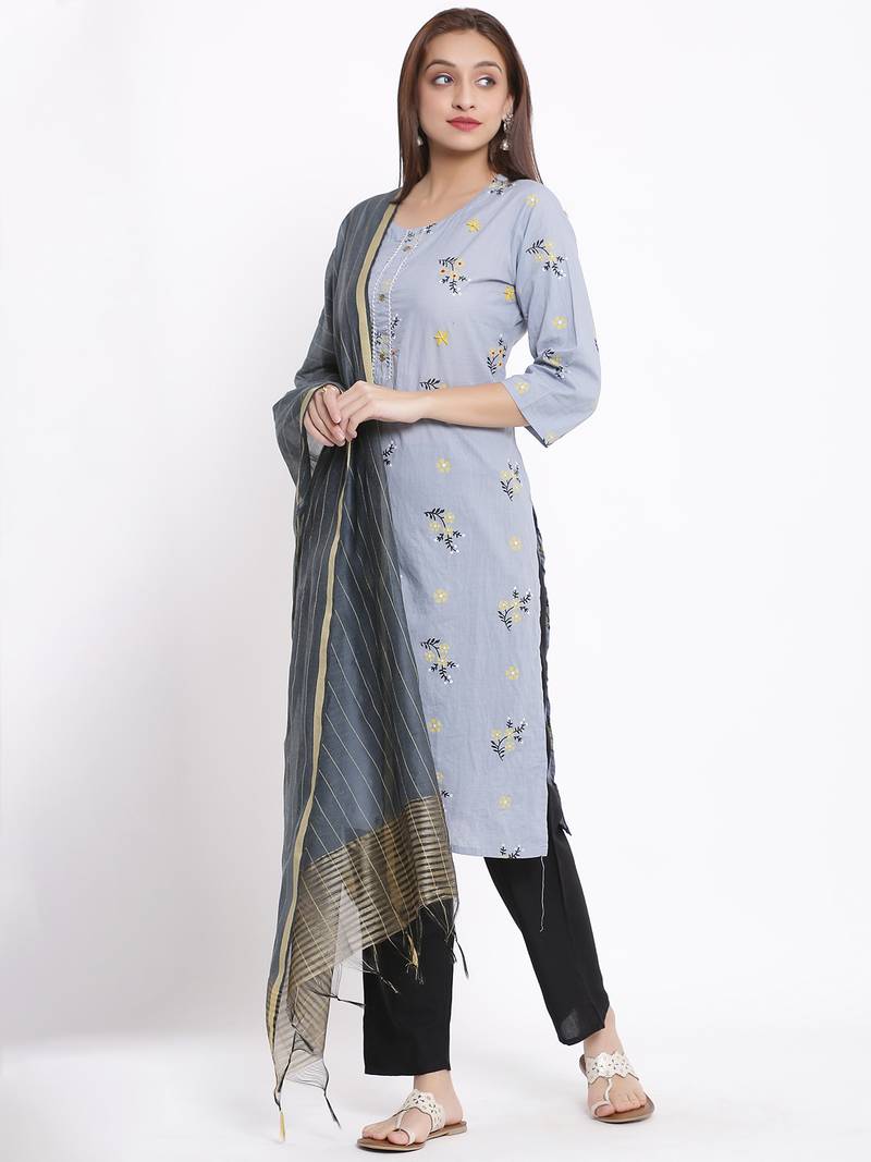 POSAKA Womens Cotton Printed Straight Kurta Palazzo Dupatta Set (Grey)