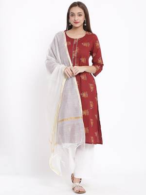POSAKA Womens Cotton Printed Straight Kurta Palazzo Dupatta Set (Maroon) 1