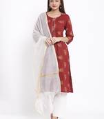 POSAKA Womens Cotton Printed Straight Kurta Palazzo Dupatta Set (Maroon)