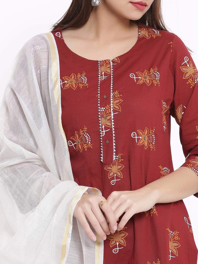 POSAKA Womens Cotton Printed Straight Kurta Palazzo Dupatta Set (Maroon)