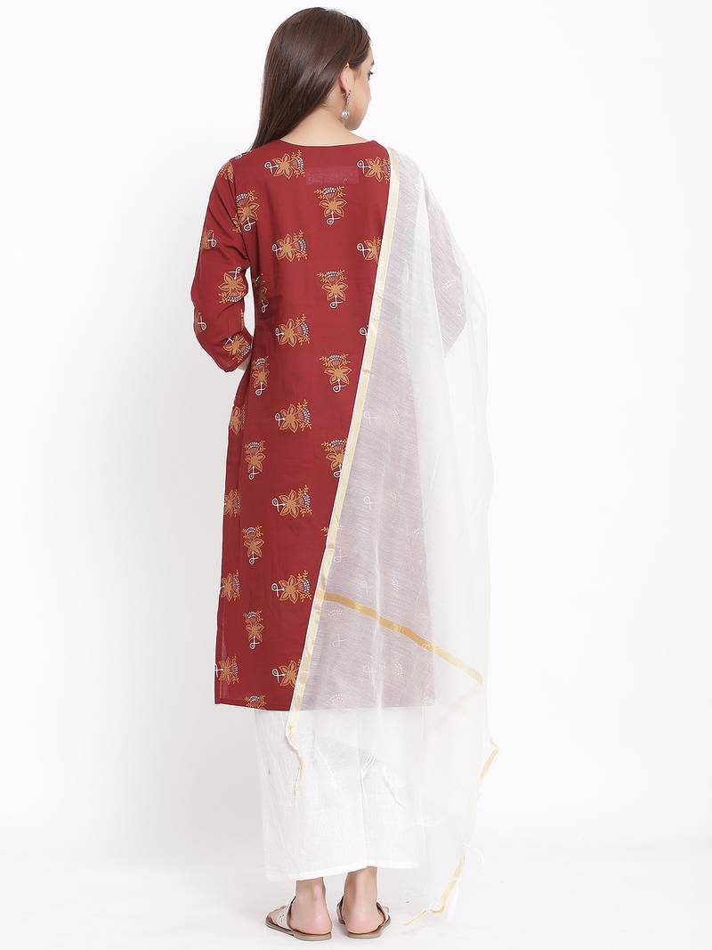 POSAKA Womens Cotton Printed Straight Kurta Palazzo Dupatta Set (Maroon)