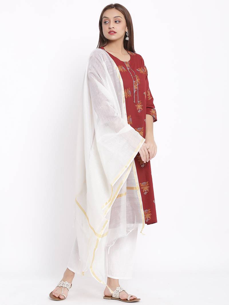 POSAKA Womens Cotton Printed Straight Kurta Palazzo Dupatta Set (Maroon)