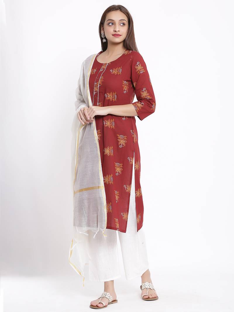 POSAKA Womens Cotton Printed Straight Kurta Palazzo Dupatta Set (Maroon)