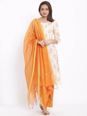 POSAKA Womens Cotton Printed Straight Kurta Palazzo Dupatta Set (Off White) 1
