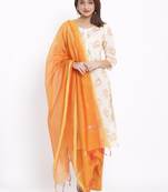 POSAKA Womens Cotton Printed Straight Kurta Palazzo Dupatta Set (Off White)