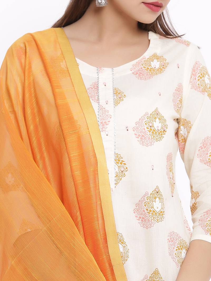 POSAKA Womens Cotton Printed Straight Kurta Palazzo Dupatta Set (Off White)