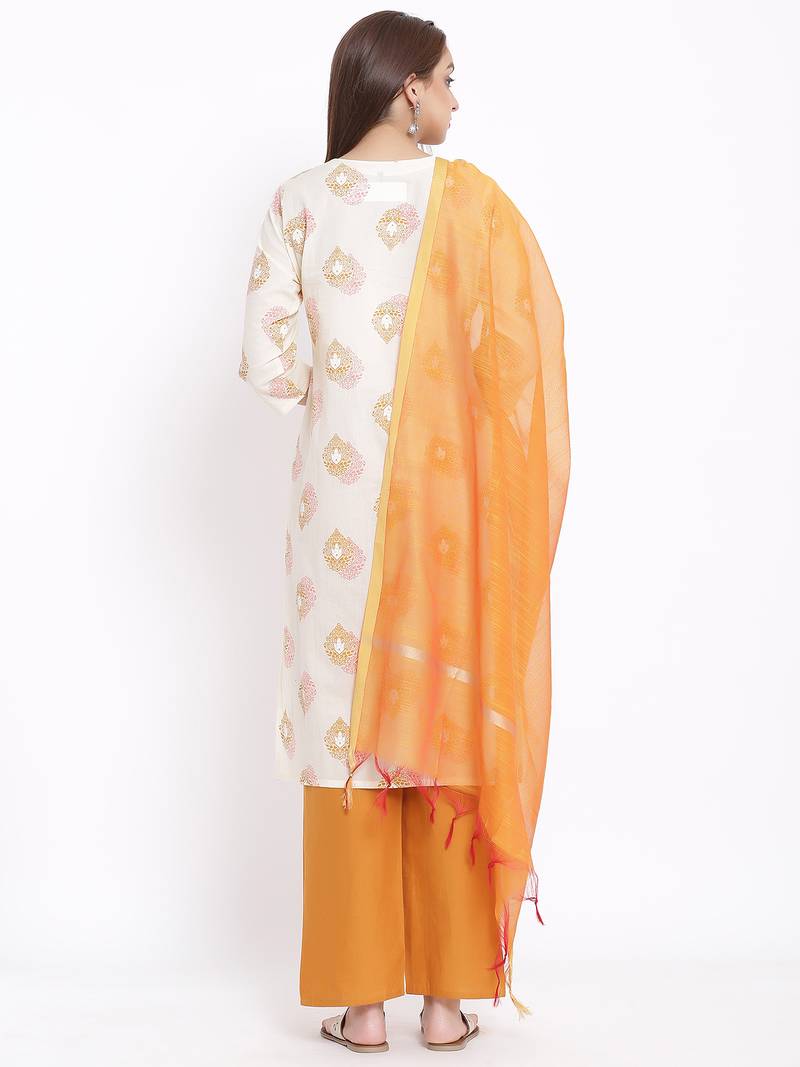 POSAKA Womens Cotton Printed Straight Kurta Palazzo Dupatta Set (Off White)