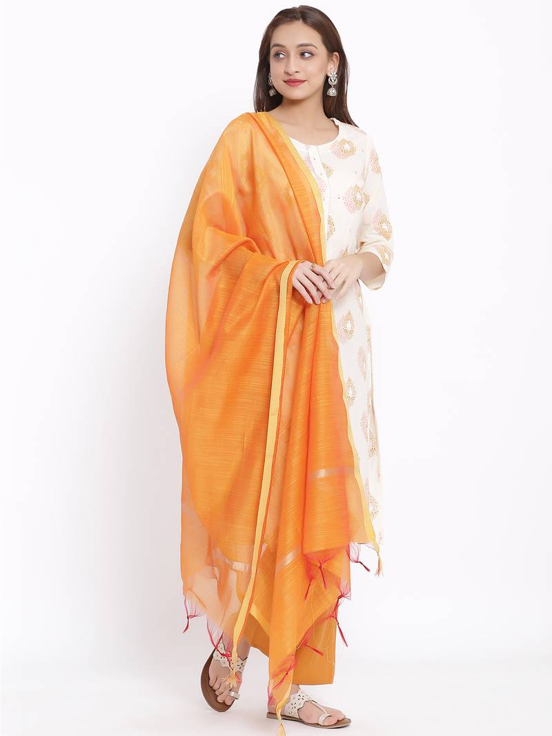 POSAKA Womens Cotton Printed Straight Kurta Palazzo Dupatta Set (Off White)