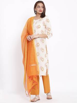 POSAKA Womens Cotton Printed Straight Kurta Palazzo Dupatta Set (Off White) 5