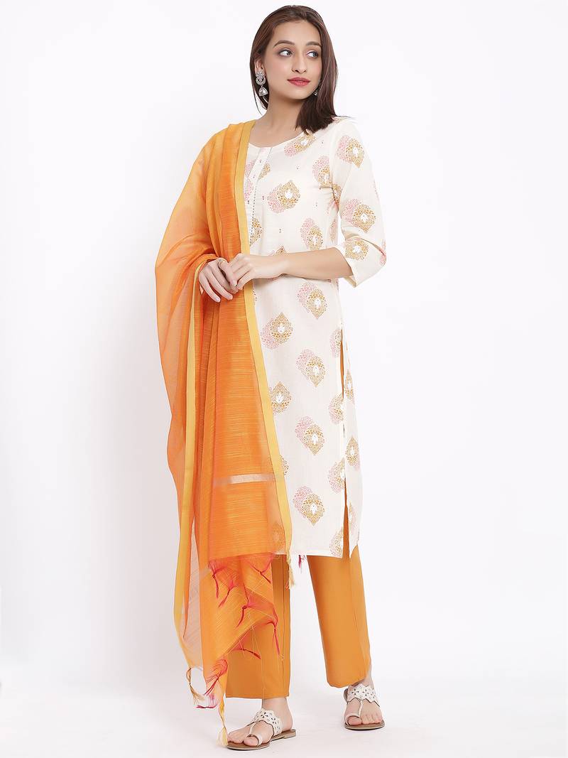 POSAKA Womens Cotton Printed Straight Kurta Palazzo Dupatta Set (Off White)