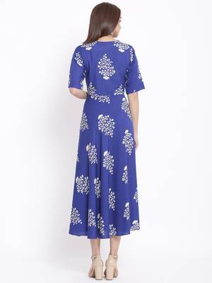 POSAKA Womens Rayon Floral Print Flared Long Gown (Blue) 3