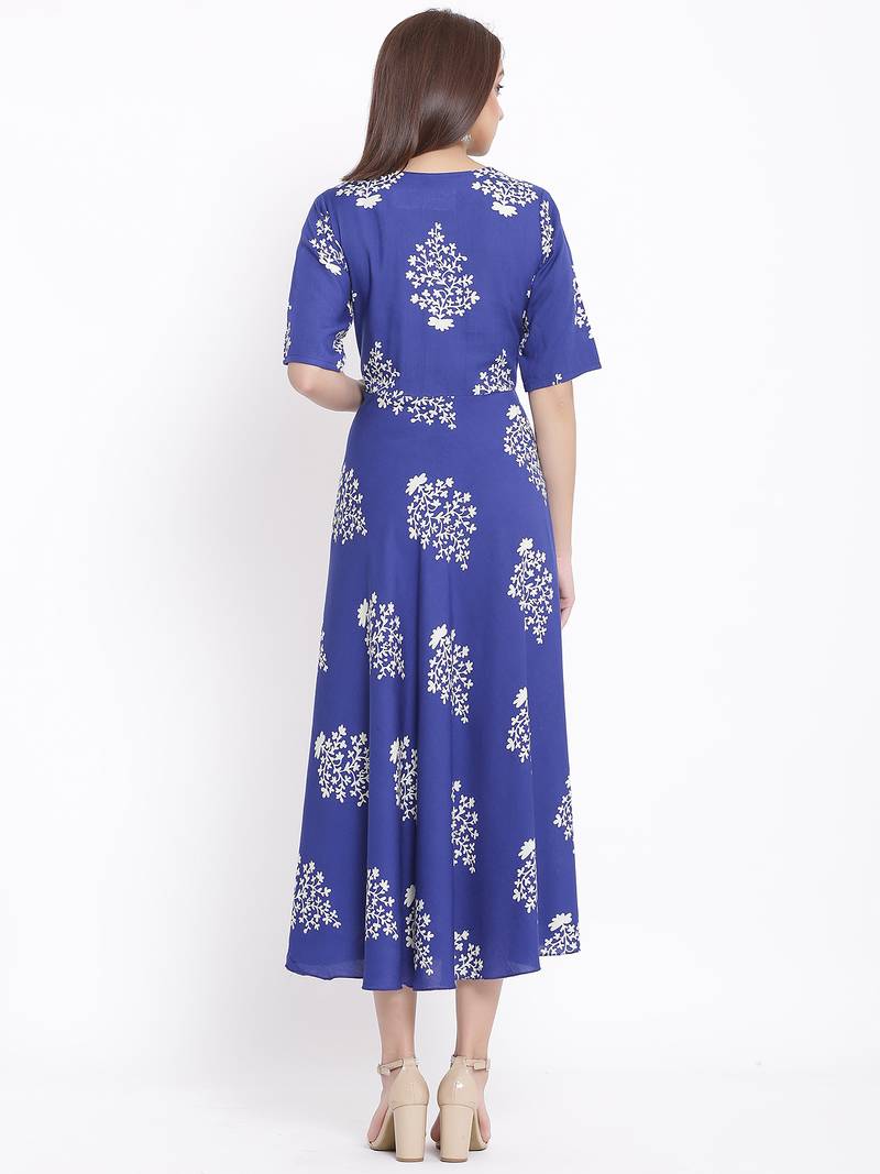 POSAKA Womens Rayon Floral Print Flared Long Gown (Blue)