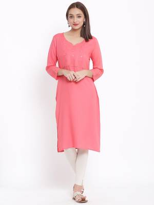 POSAKA Womens Rayon Embroidered Straight Kurta (Peach) 1