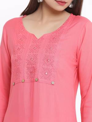 POSAKA Womens Rayon Embroidered Straight Kurta (Peach) 2