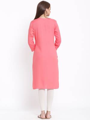 POSAKA Womens Rayon Embroidered Straight Kurta (Peach) 3