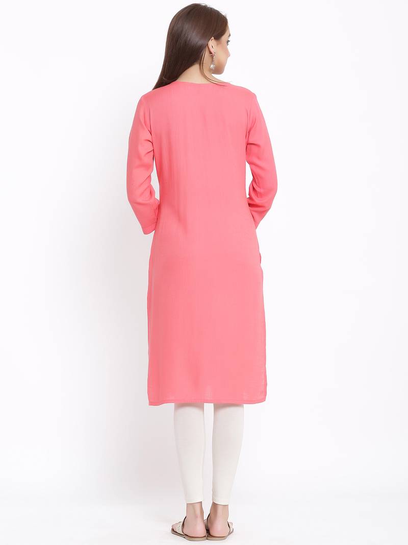 POSAKA Womens Rayon Embroidered Straight Kurta (Peach)