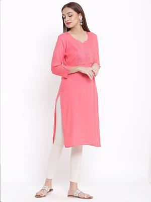POSAKA Womens Rayon Embroidered Straight Kurta (Peach) 4