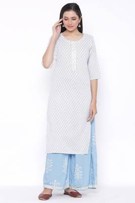 Womens Rayon Embroidered and Printed Straight Kurta Palazzo Set (White) 1