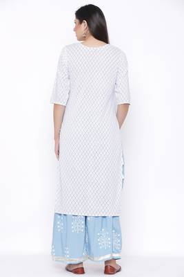 Womens Rayon Embroidered and Printed Straight Kurta Palazzo Set (White) 3