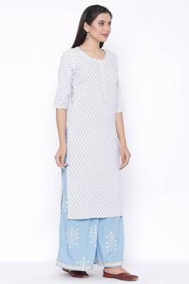 Womens Rayon Embroidered and Printed Straight Kurta Palazzo Set (White) 4