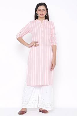 Womens Rayon Stripe Print Straight Kurta Palazzo Set (Pink) 1