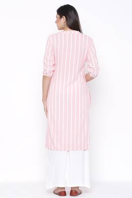 Womens Rayon Stripe Print Straight Kurta Palazzo Set (Pink) 3