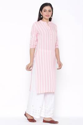 Womens Rayon Stripe Print Straight Kurta Palazzo Set (Pink) 4