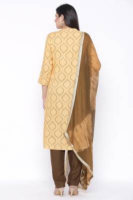 Womens Rayon Printed Straight Kurta Palazzo Dupatta Set (Beige) 3
