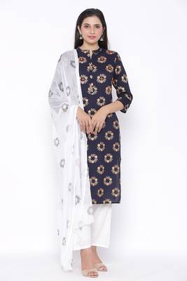 Womens Rayon Printed Straight Kurta Palazzo Dupatta Set (Navy Blue) 1