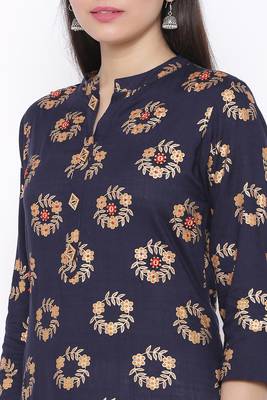 Womens Rayon Printed Straight Kurta Palazzo Dupatta Set (Navy Blue) 2