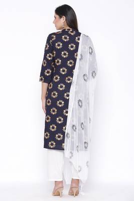 Womens Rayon Printed Straight Kurta Palazzo Dupatta Set (Navy Blue) 3