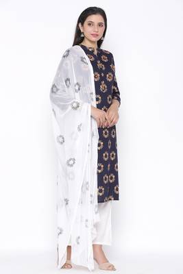 Womens Rayon Printed Straight Kurta Palazzo Dupatta Set (Navy Blue) 4