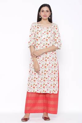 Womens Cotton Jute Blend Floral Print Straight Kurta Palazzo Set (Off White) 1
