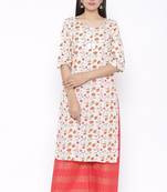 Womens Cotton Jute Blend Floral Print Straight Kurta Palazzo Set (Off White)