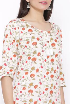 Womens Cotton Jute Blend Floral Print Straight Kurta Palazzo Set (Off White) 2