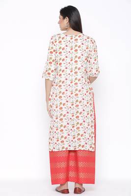 Womens Cotton Jute Blend Floral Print Straight Kurta Palazzo Set (Off White) 3
