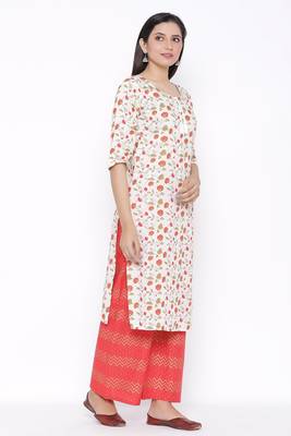 Womens Cotton Jute Blend Floral Print Straight Kurta Palazzo Set (Off White) 4