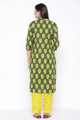 Womens Cotton Cambric Printed Straight Kurta Palazzo Set (Green) 3