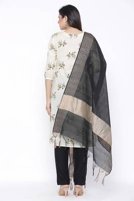 Womens Cotton Printed Straight Kurta Palazzo Dupatta Set (Off White) 3