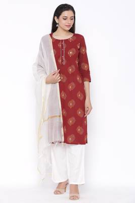 Womens Cotton Printed Straight Kurta Palazzo Dupatta Set (Maroon) 1