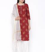 Womens Cotton Printed Straight Kurta Palazzo Dupatta Set (Maroon)