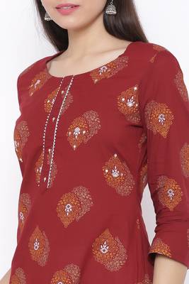 Womens Cotton Printed Straight Kurta Palazzo Dupatta Set (Maroon) 2