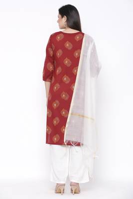 Womens Cotton Printed Straight Kurta Palazzo Dupatta Set (Maroon) 3