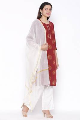 Womens Cotton Printed Straight Kurta Palazzo Dupatta Set (Maroon) 4