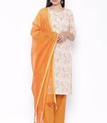 Womens Cotton Printed Straight Kurta Palazzo Dupatta Set (Off White)