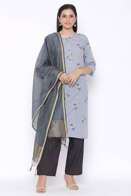 Womens Cotton Printed Straight Kurta Palazzo Dupatta Set (Grey) 1