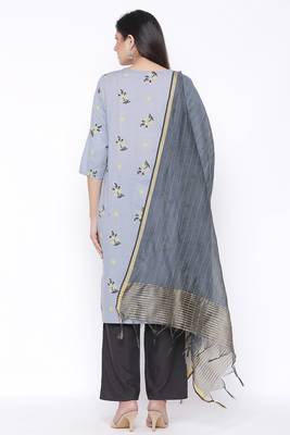 Womens Cotton Printed Straight Kurta Palazzo Dupatta Set (Grey) 3