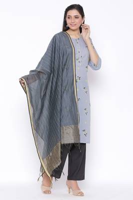 Womens Cotton Printed Straight Kurta Palazzo Dupatta Set (Grey) 4