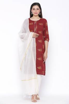 Womens Cotton Printed Straight Kurta Palazzo Dupatta Set (Maroon) 1
